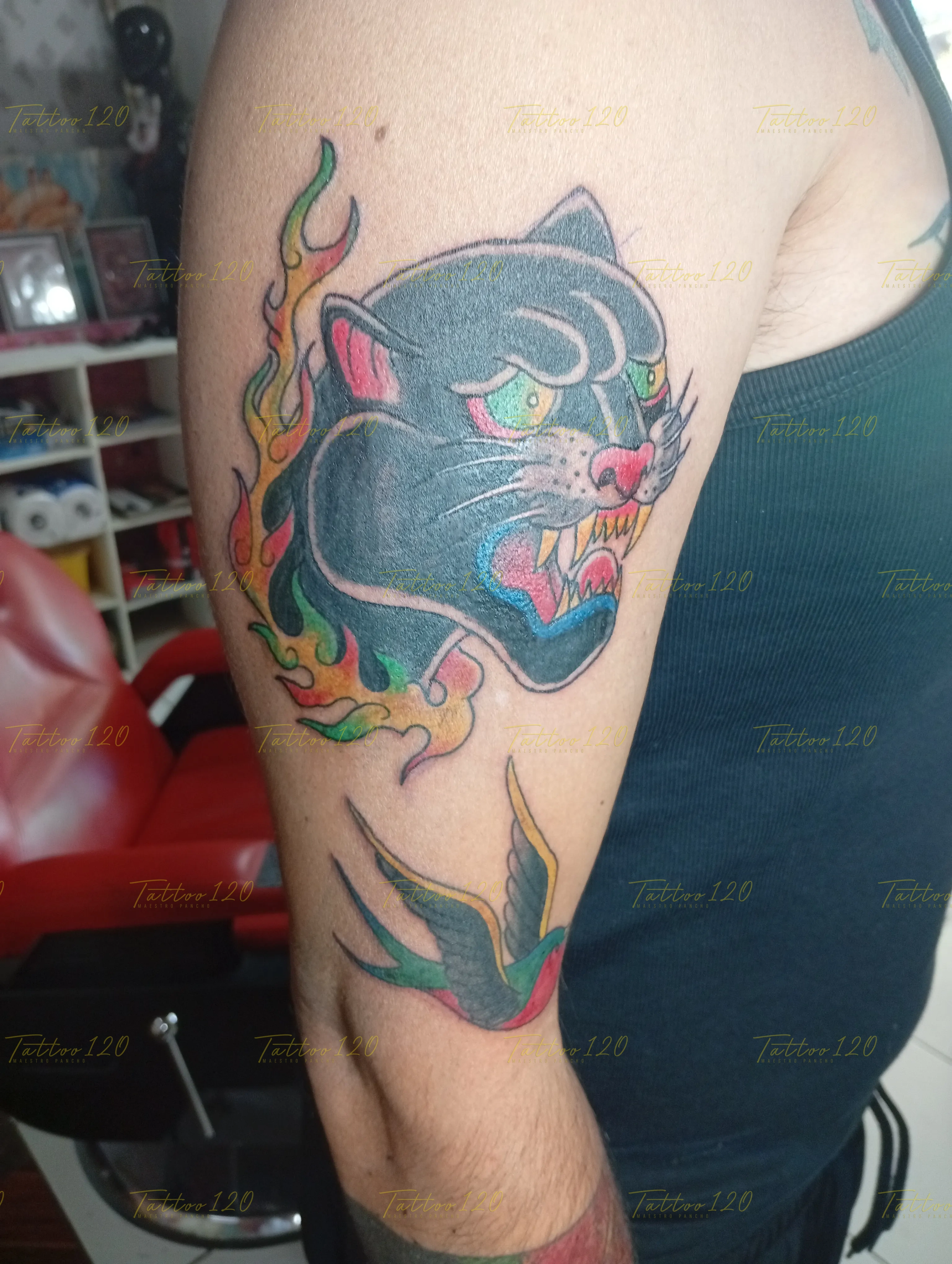 Tatuaje tradicional americano con trazo grueso y colores vivos